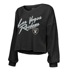 Maxx Crosby  Majestic Threads Women's Name & Number Off-Shoulder Script Cropped Long Sleeve Relaxed V-Neck T-Shirt - Las Vegas Raiders T-shirts