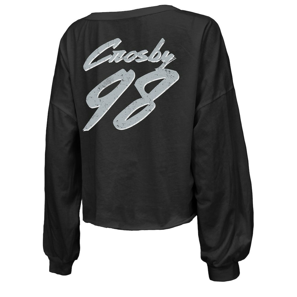 Maxx Crosby  Majestic Threads Women's Name & Number Off-Shoulder Script Cropped Long Sleeve Relaxed V-Neck T-Shirt - Las Vegas Raiders T-shirts