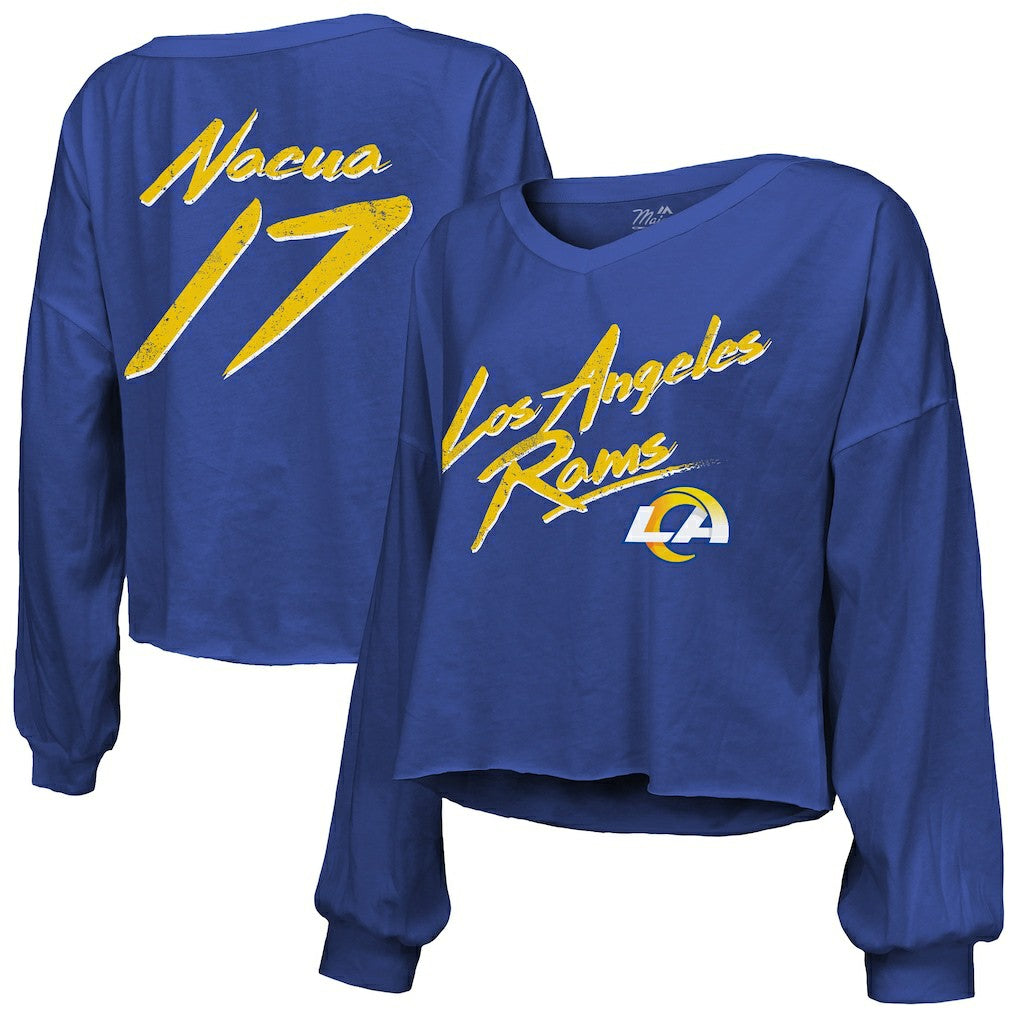 Puka Nacua  Majestic Threads Women's Off-Shoulder Script Player Name & Number Cropped Long Sleeve V-Neck T-Shirt - Los Angeles Rams T-shirts