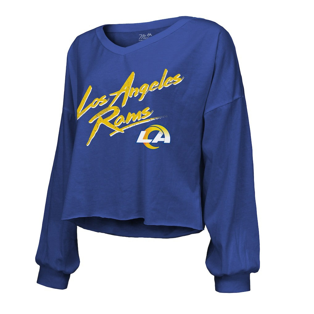Puka Nacua  Majestic Threads Women's Off-Shoulder Script Player Name & Number Cropped Long Sleeve V-Neck T-Shirt - Los Angeles Rams T-shirts
