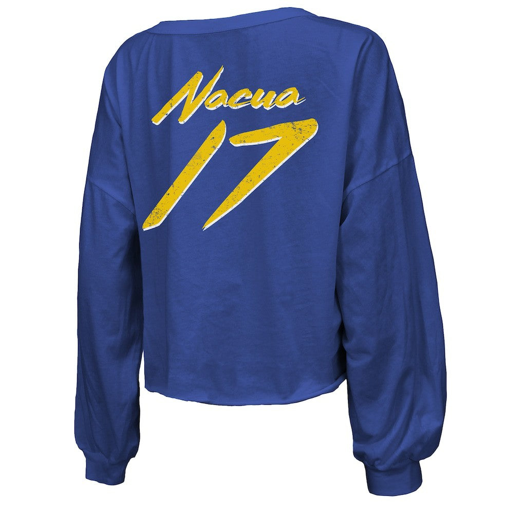 Puka Nacua  Majestic Threads Women's Off-Shoulder Script Player Name & Number Cropped Long Sleeve V-Neck T-Shirt - Los Angeles Rams T-shirts