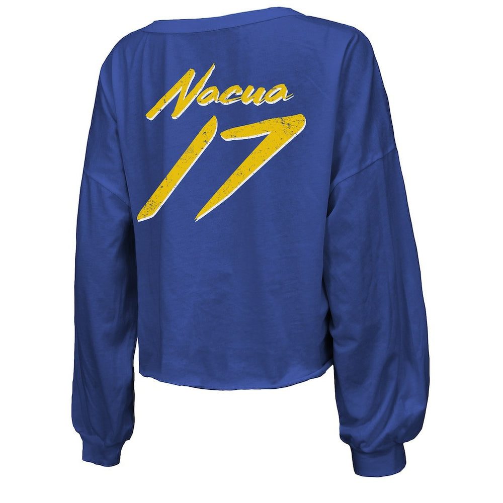Puka Nacua  Majestic Threads Women's Off-Shoulder Script Player Name & Number Cropped Long Sleeve V-Neck T-Shirt - Los Angeles Rams T-shirts