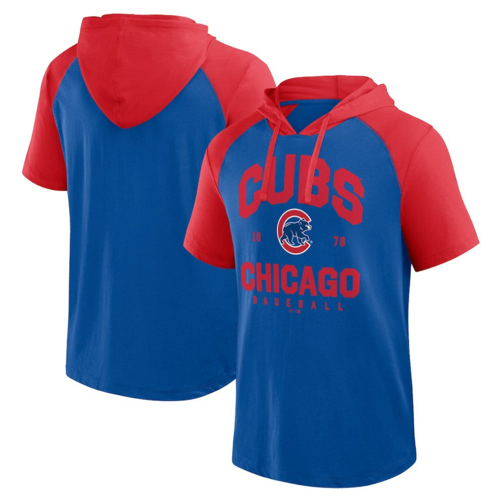 Royal Chicago Cubs Logo Athletic Prime Raglan Short Sleeve Hoodie T-Shirt