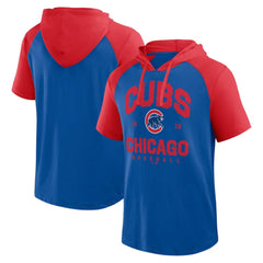 Royal Chicago Cubs Logo Athletic Prime Raglan Short Sleeve Hoodie T-Shirt