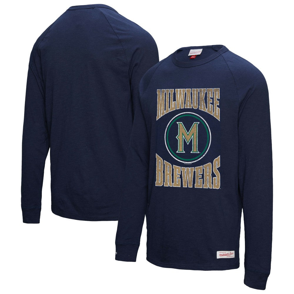 Navy Milwaukee Brewers Mitchell & Ness Arched Logo Slub Long Sleeve T-Shirt