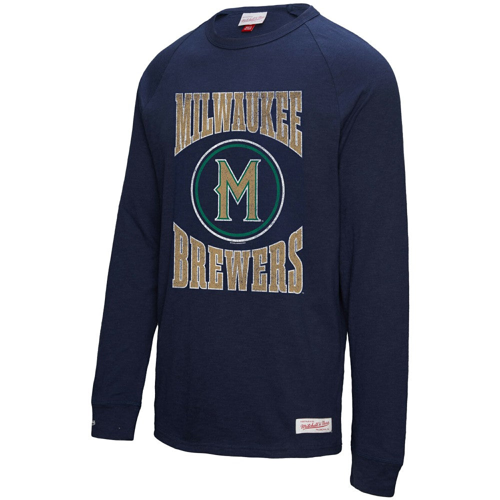 Navy Milwaukee Brewers Mitchell & Ness Arched Logo Slub Long Sleeve T-Shirt