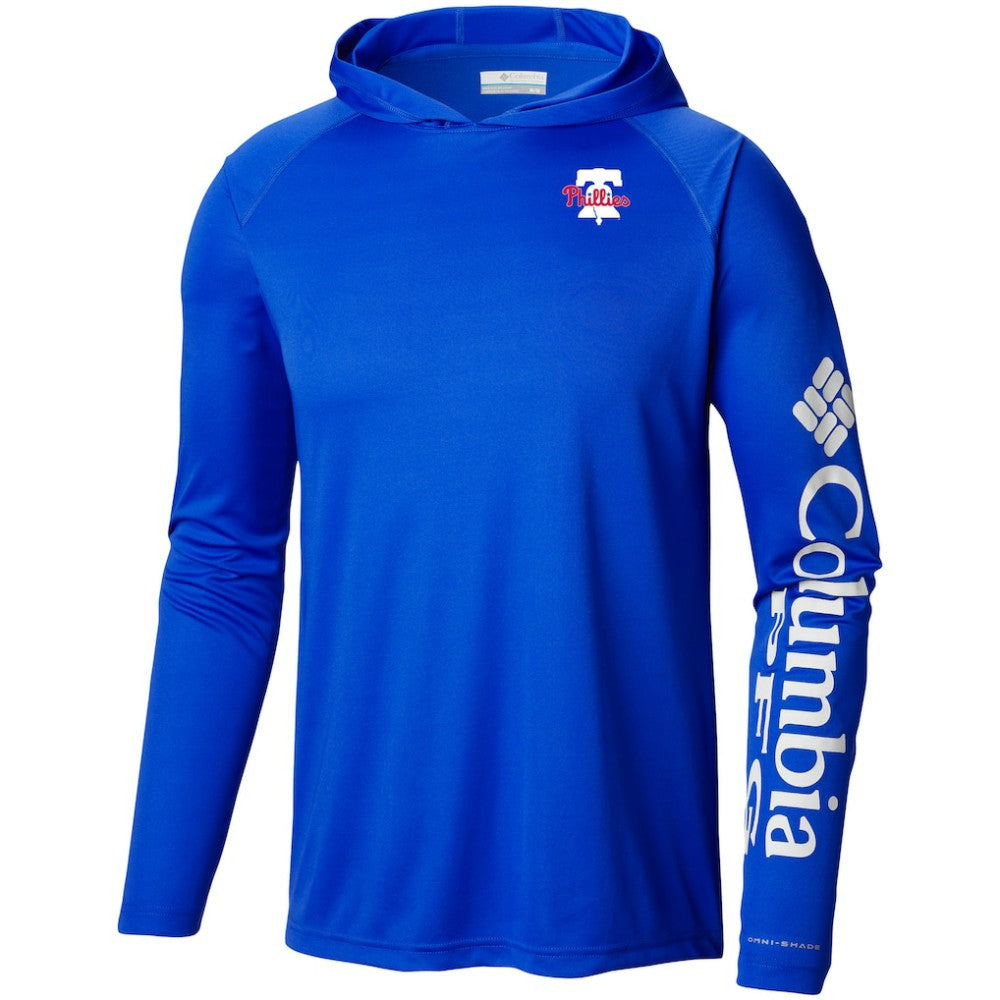 Royal Philadelphia Phillies Columbia Omni-Wick Terminal Tackle Raglan Long Sleeve Hoodie T-Shirt