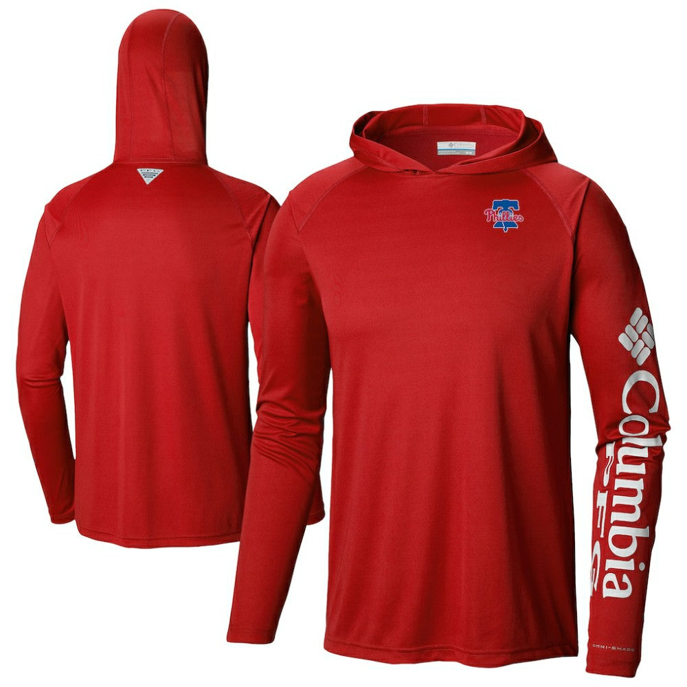 Red Philadelphia Phillies Columbia Omni-Wick Terminal Tackle Raglan Long Sleeve Hoodie T-Shirt