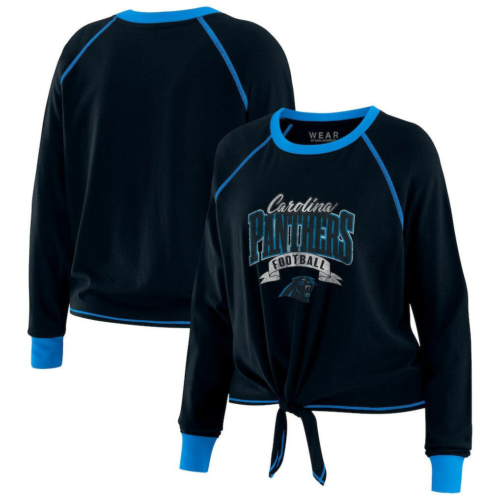 WEAR by Erin Andrews Women's Plus Size Tie-Front Long Sleeve Top - Carolina Panthers Tops
