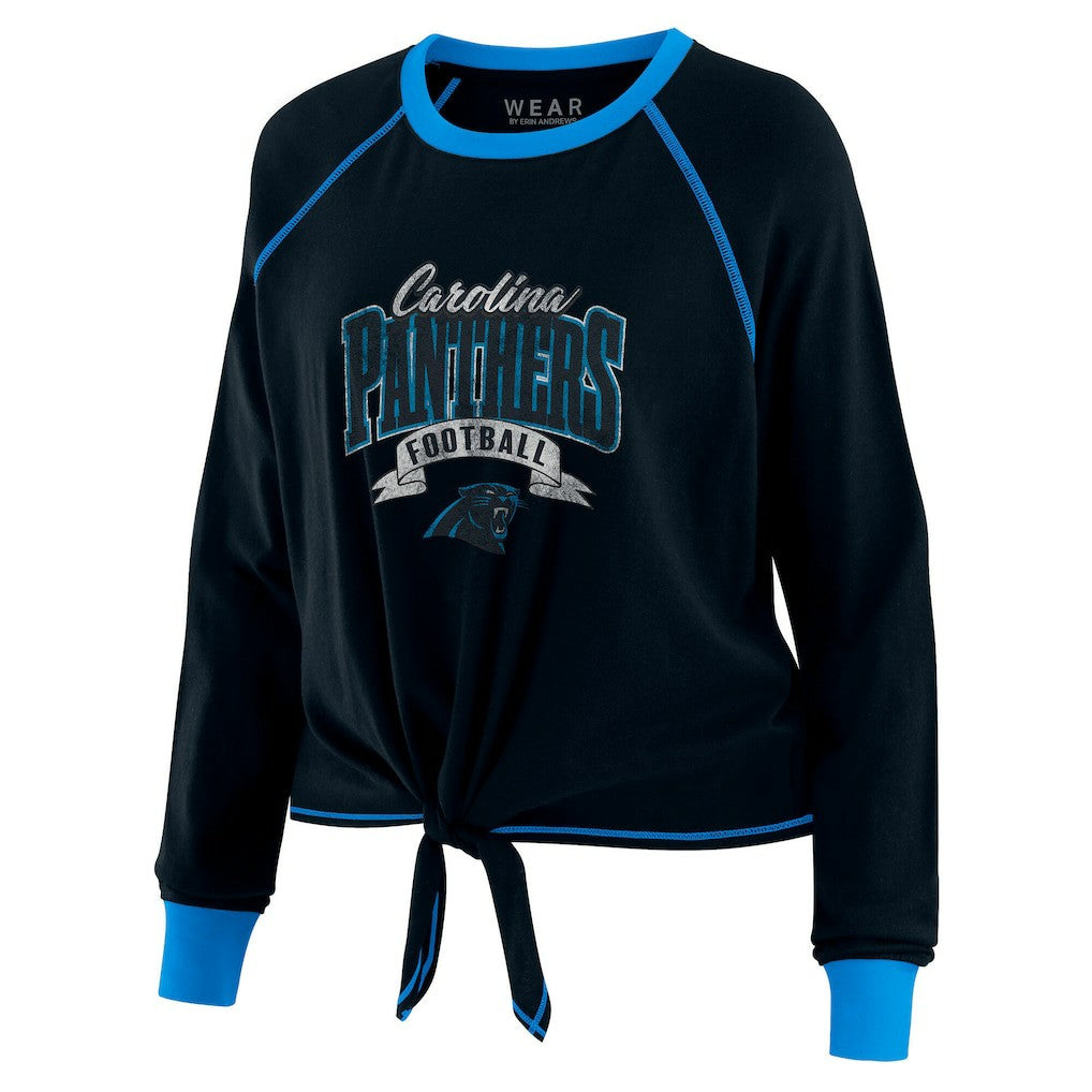 WEAR by Erin Andrews Women's Plus Size Tie-Front Long Sleeve Top - Carolina Panthers Tops