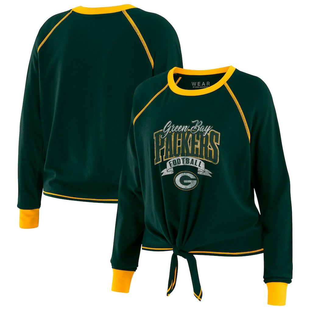 WEAR by Erin Andrews Women's Plus Size Tie-Front Long Sleeve Top - Green Bay Packers Tops