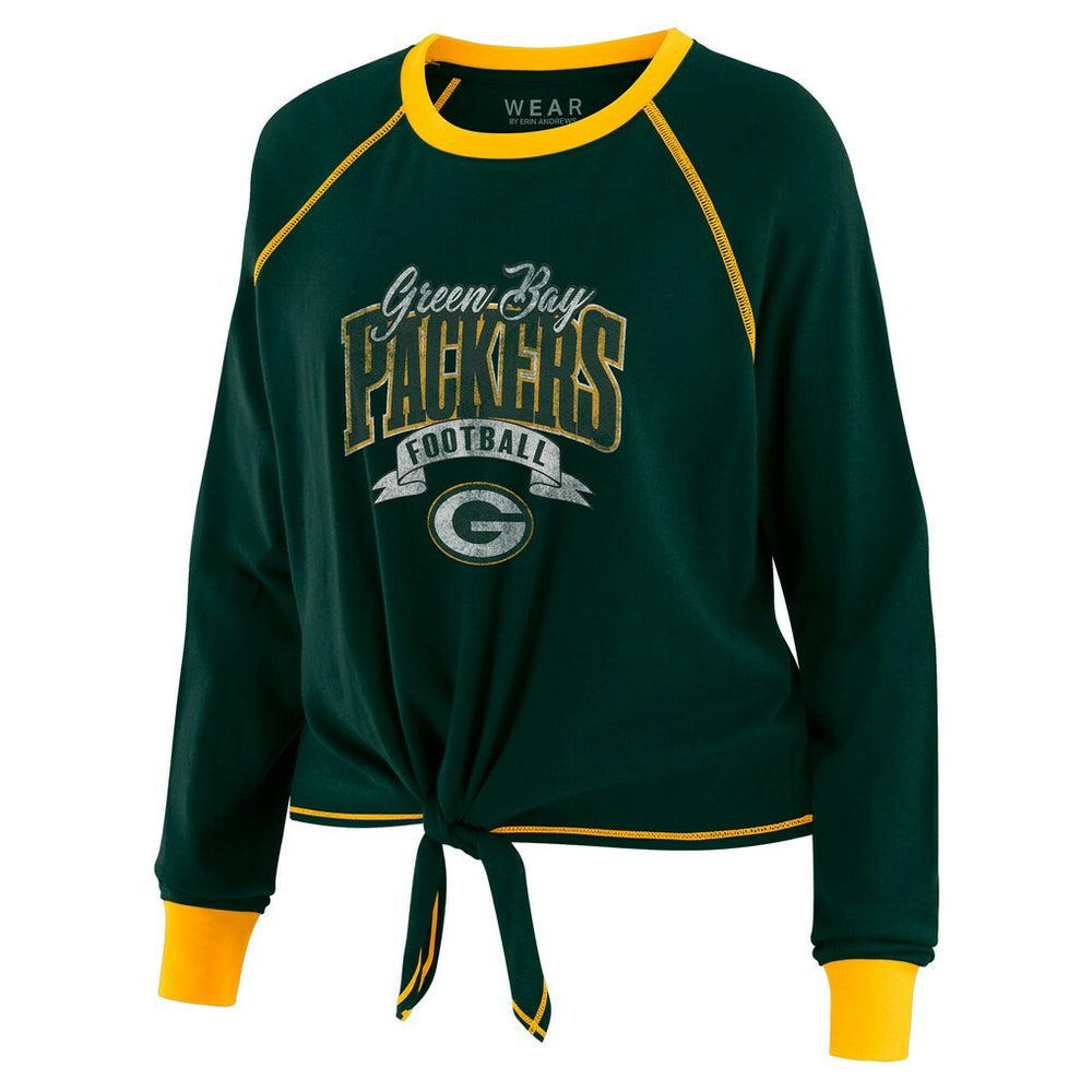 WEAR by Erin Andrews Women's Plus Size Tie-Front Long Sleeve Top - Green Bay Packers Tops