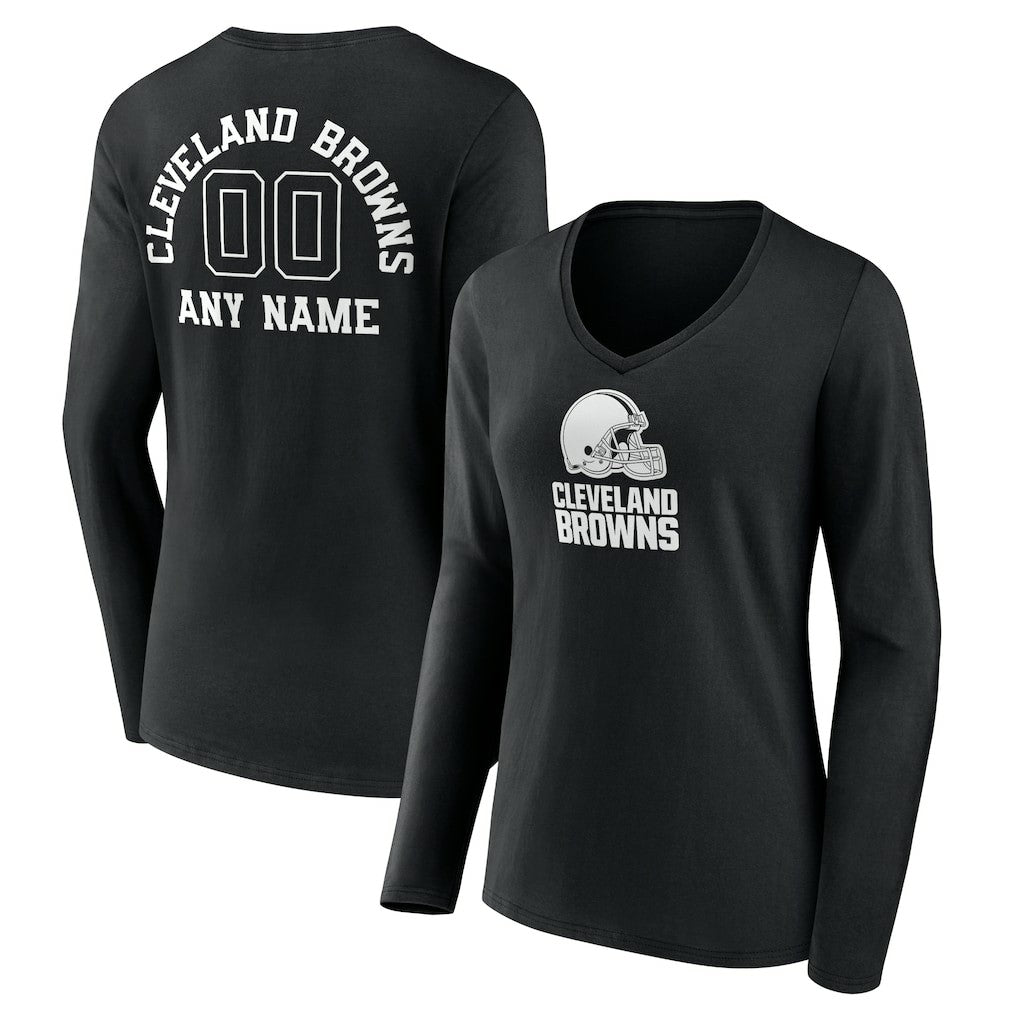 Women's Personalized Name & Number Monochrome Long Sleeve V-Neck T-Shirt - Cleveland Browns T-shirts