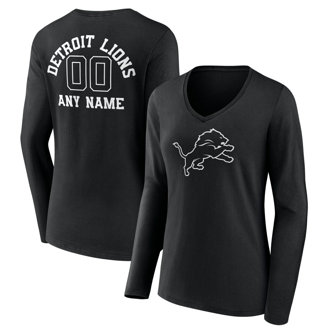 Women's Personalized Name & Number Monochrome Long Sleeve V-Neck T-Shirt - Detroit Lions T-shirts