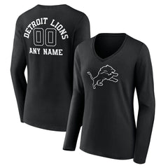 Women's Personalized Name & Number Monochrome Long Sleeve V-Neck T-Shirt - Detroit Lions T-shirts