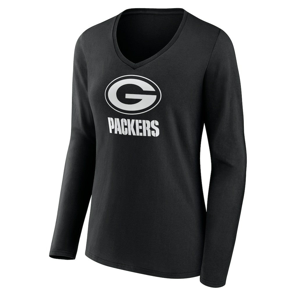 Women's Personalized Name & Number Monochrome Long Sleeve V-Neck T-Shirt - Green Bay Packers T-shirts