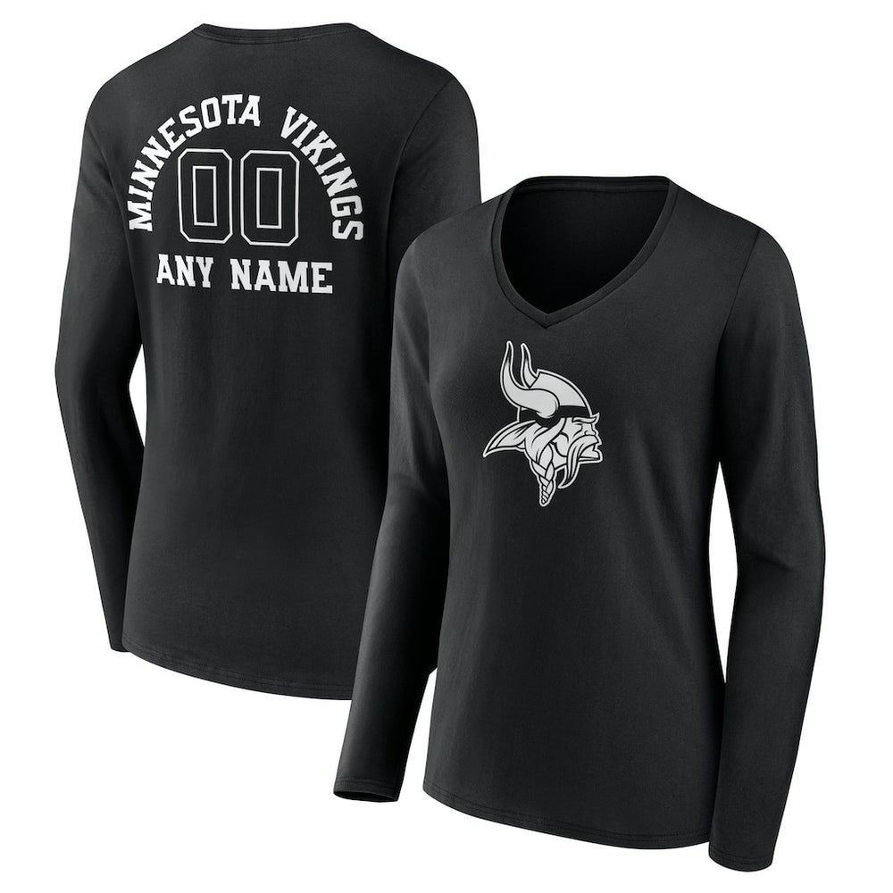 Women's Personalized Name & Number Monochrome Long Sleeve V-Neck T-Shirt - Minnesota Vikings T-shirts
