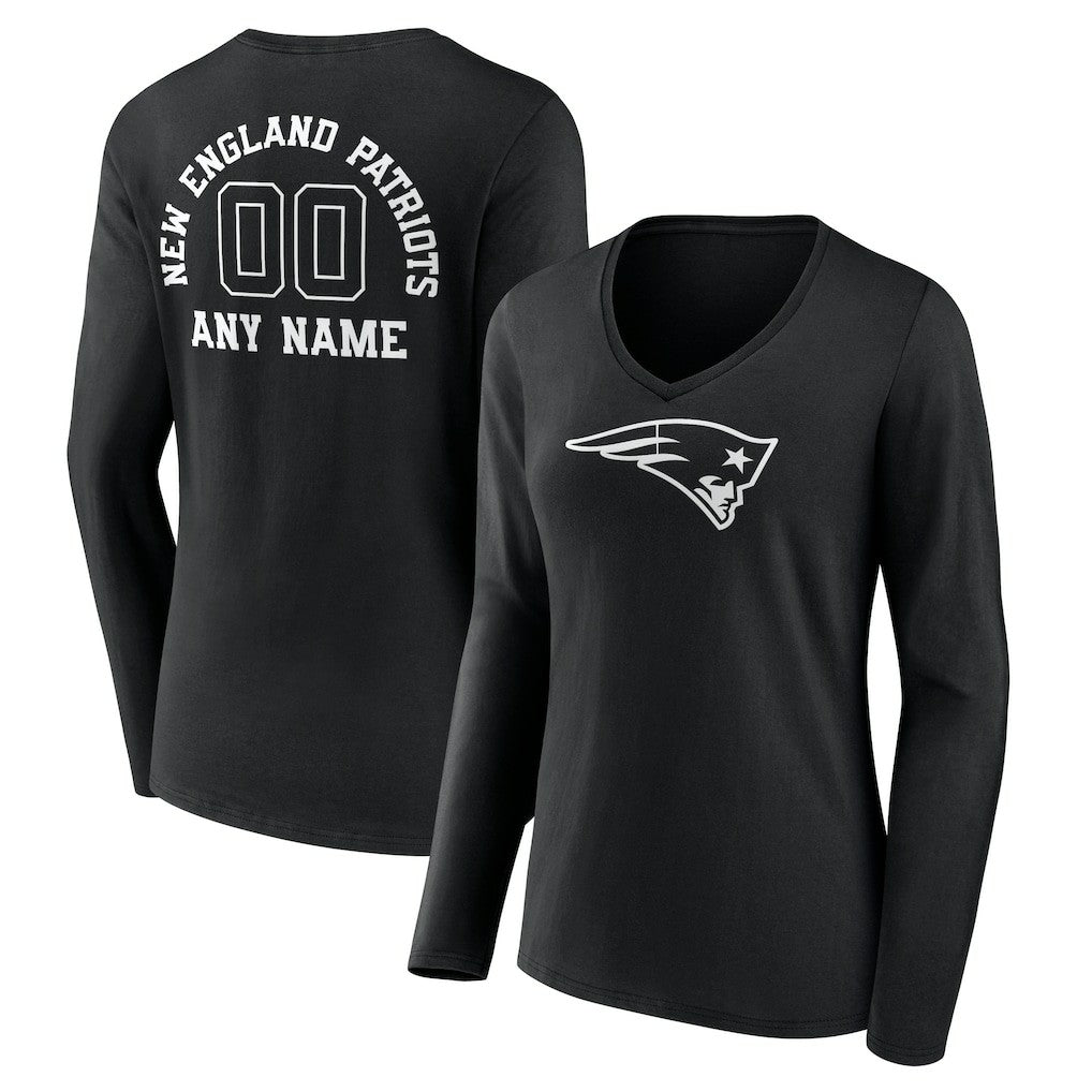 Women's Personalized Name & Number Monochrome Long Sleeve V-Neck T-Shirt - New England Patriots T-shirts