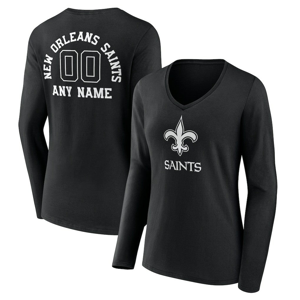 Women's Personalized Name & Number Monochrome Long Sleeve V-Neck T-Shirt - New Orleans Saints T-shirts