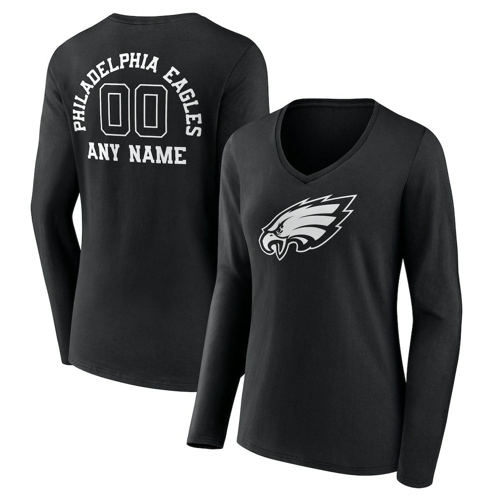 Women's Personalized Name & Number Monochrome Long Sleeve V-Neck T-Shirt - Philadelphia Eagles T-shirts