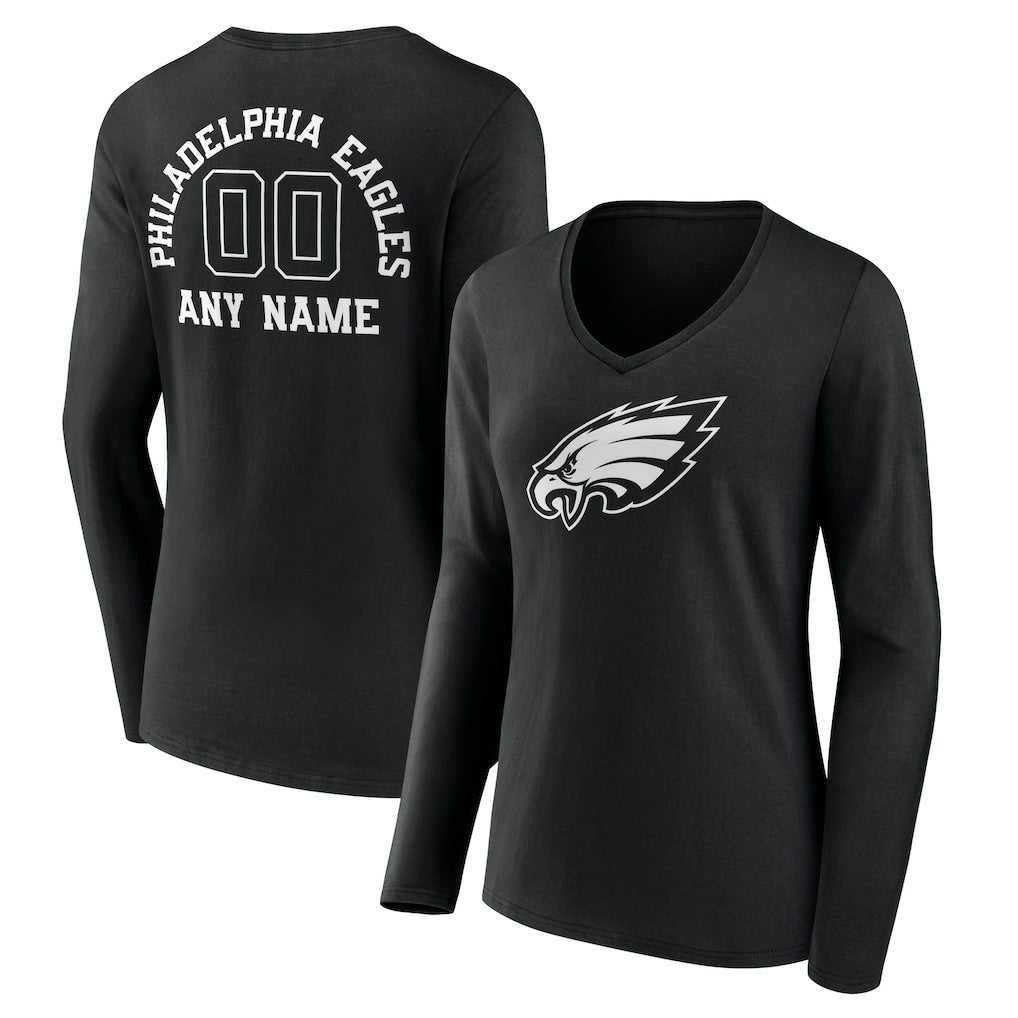 Women's Personalized Name & Number Monochrome Long Sleeve V-Neck T-Shirt - Philadelphia Eagles T-shirts