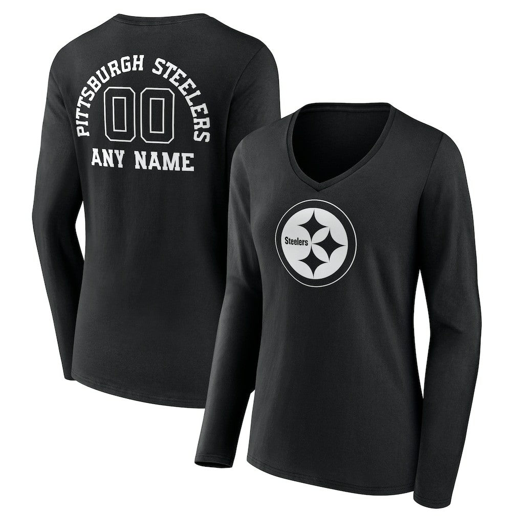 Women's Personalized Name & Number Monochrome Long Sleeve V-Neck T-Shirt - Pittsburgh Steelers T-shirts