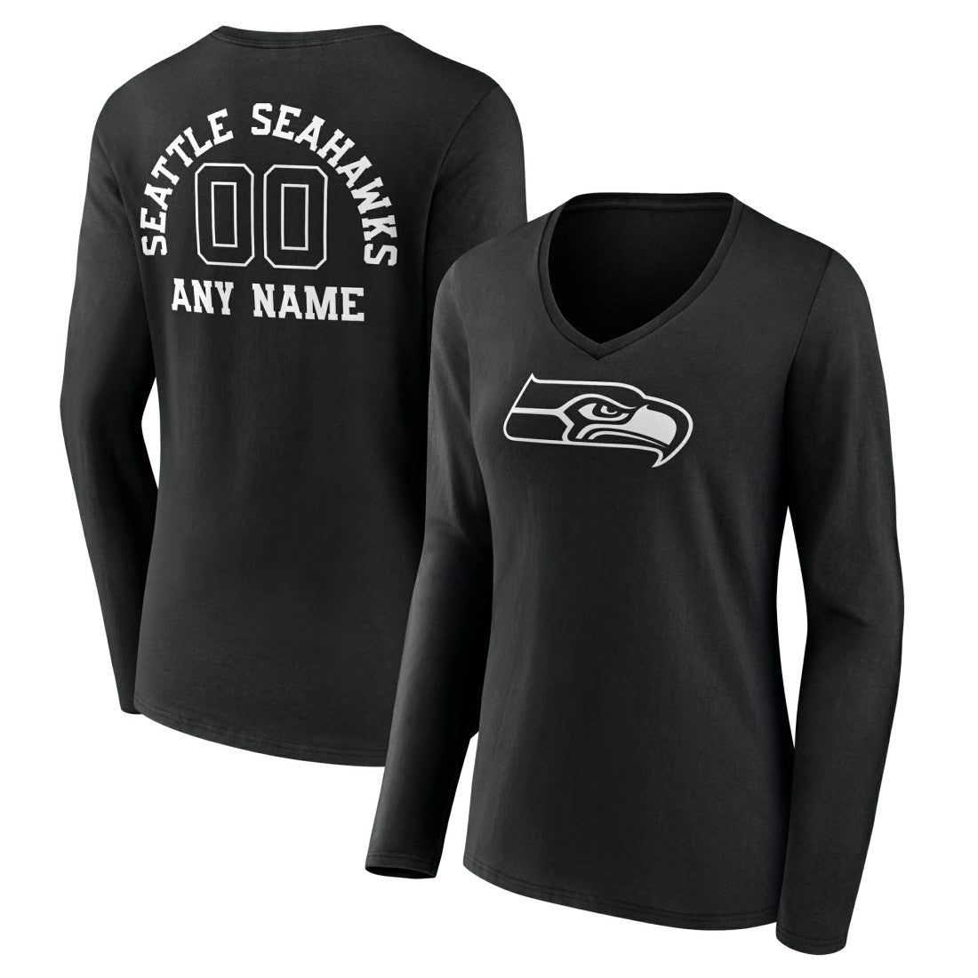 Women's Personalized Name & Number Monochrome Long Sleeve V-Neck T-Shirt - Seattle Seahawks T-shirts