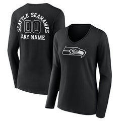 Women's Personalized Name & Number Monochrome Long Sleeve V-Neck T-Shirt - Seattle Seahawks T-shirts