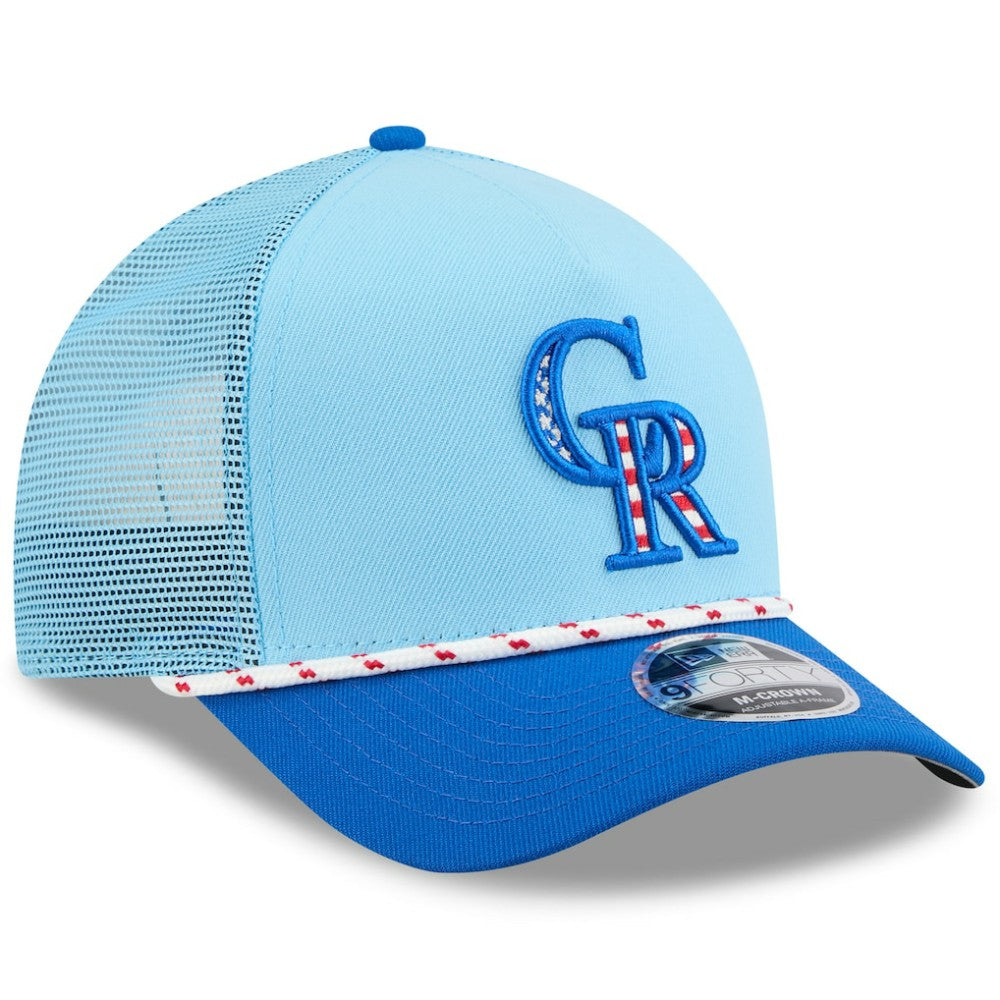 Light Blue/Blue Colorado Rockies New Era 2025 Fourth of July 9FORTY A-Frame M-Crown Adjustable Trucker Hat