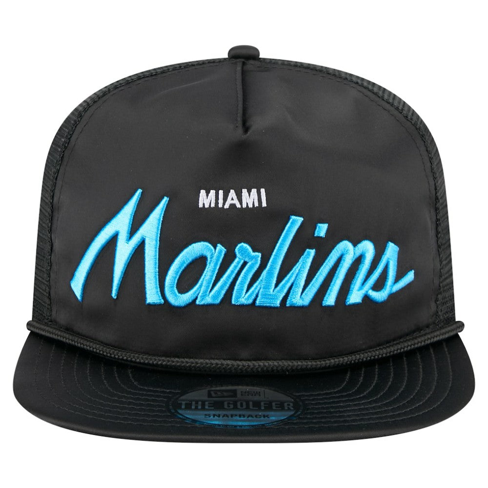 Black Miami Marlins New Era Retro Satin Script Golfer Adjustable Hat