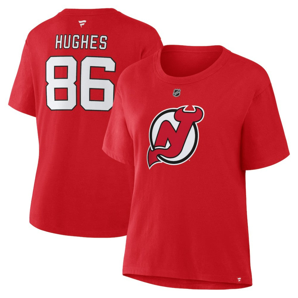 NHL Jack Hughes New Jersey Devils Fanatics Women's Authentic Stack Name & Number T-Shirt