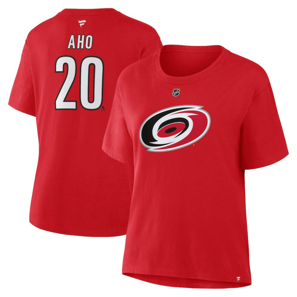 NHL Sebastian Aho Carolina Hurricanes Fanatics Women's Authentic Stack Name & Number T-Shirt