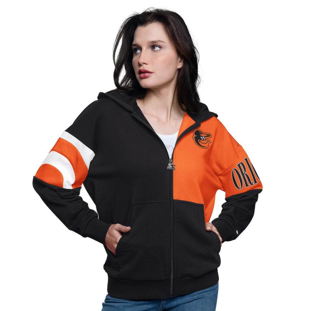 Black/Orange Baltimore Orioles Starter Women's Curve Ball Full Zip Hoodie Sweatshirt