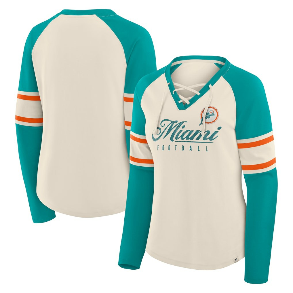 Women's Hometown Gridiron Hero Raglan Lace-Up V-Neck Long Sleeve T-Shirt - Miami Dolphins T-shirts