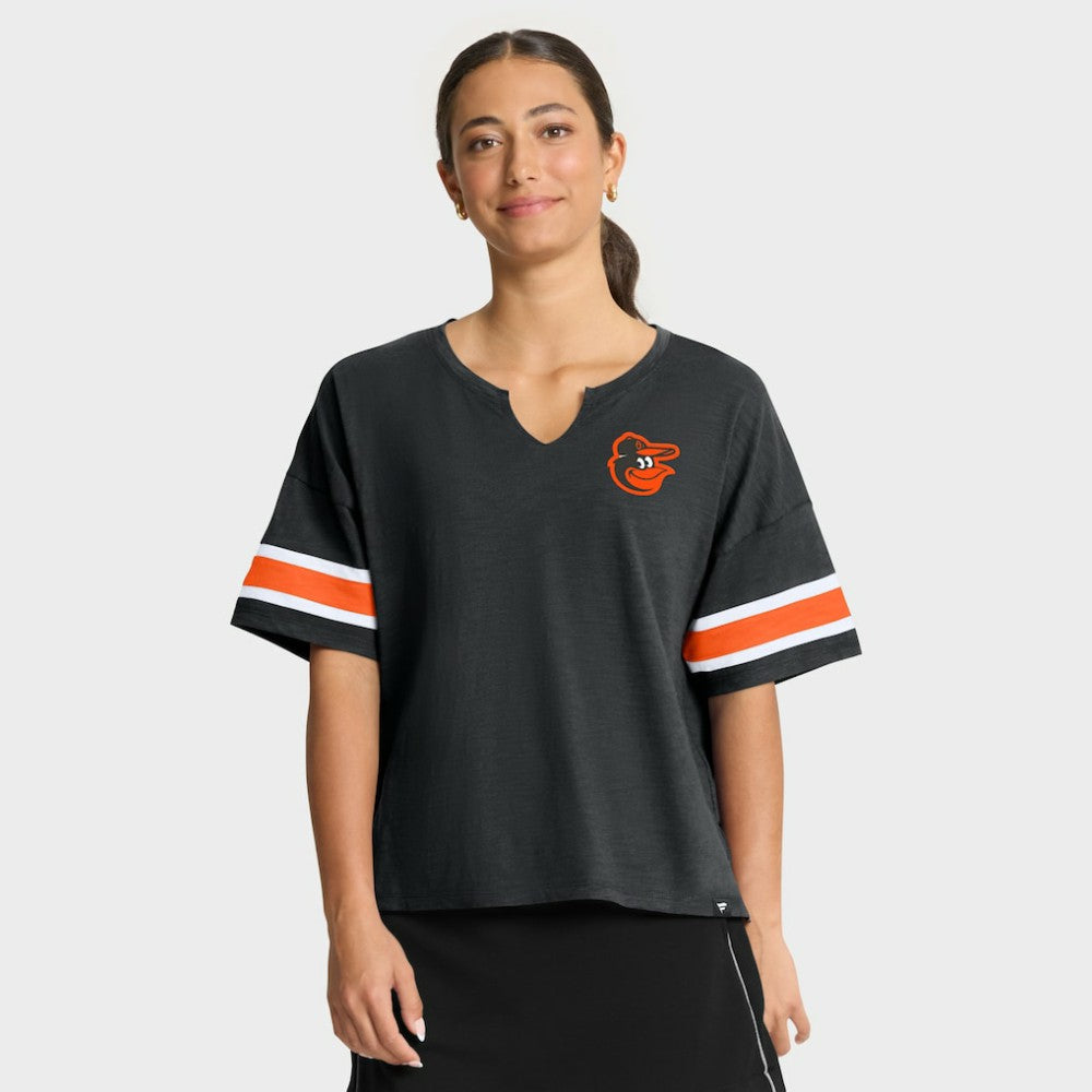 Black Baltimore Orioles Fanatics Women's Curl Route T-Shirt