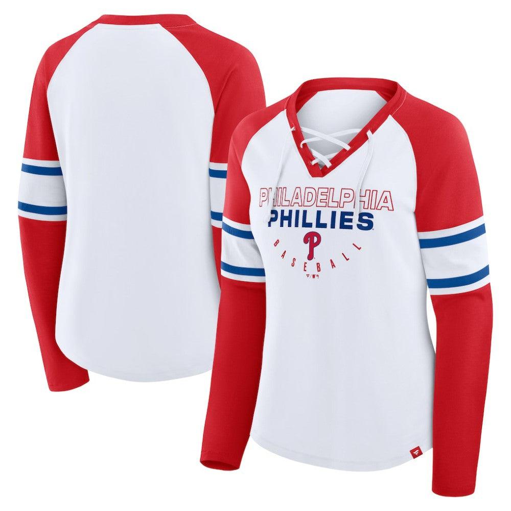 White/Red Philadelphia Phillies Fanatics Women's Blitz Package Raglan Lace-Up V-Neck Long Sleeve T-Shirt