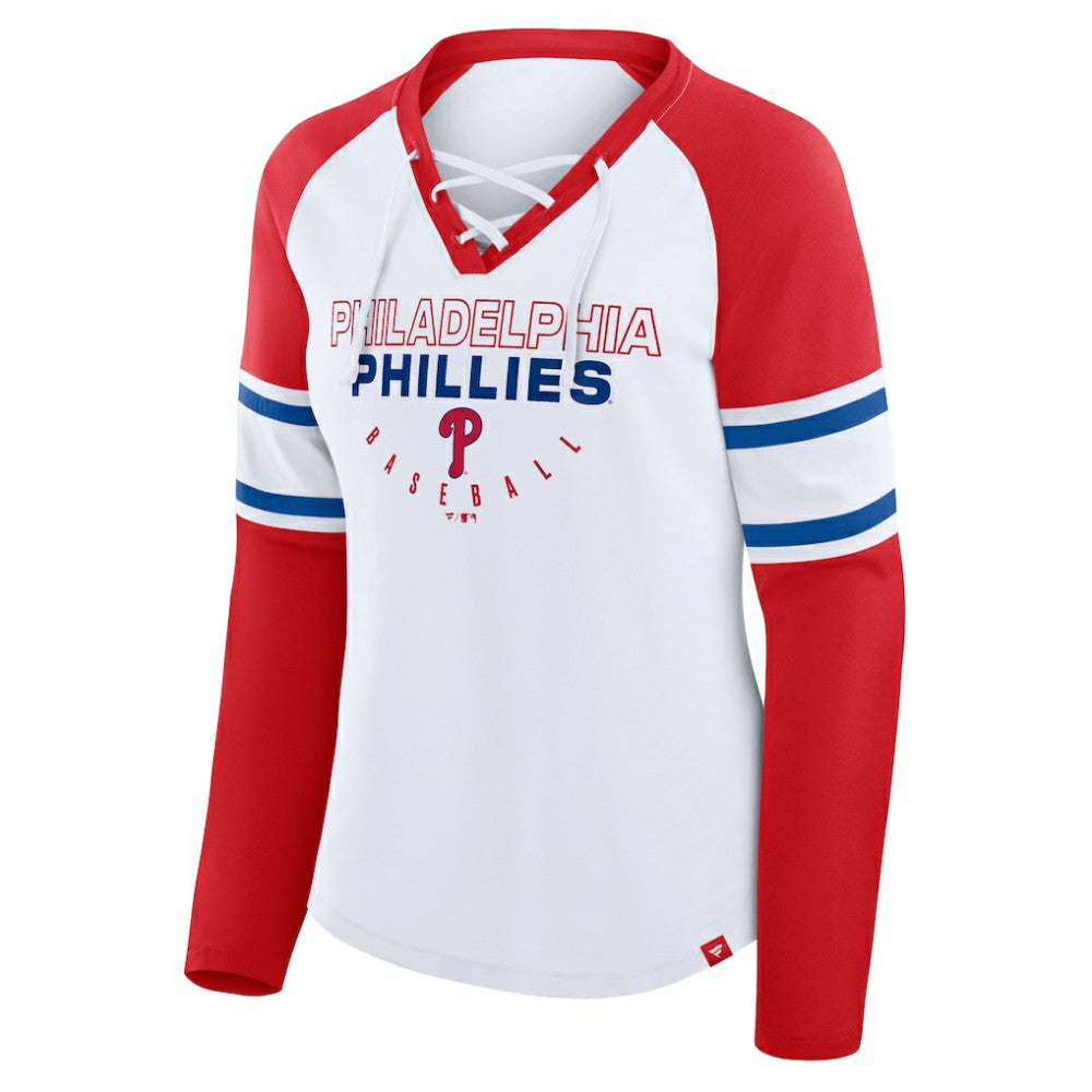 White/Red Philadelphia Phillies Fanatics Women's Blitz Package Raglan Lace-Up V-Neck Long Sleeve T-Shirt