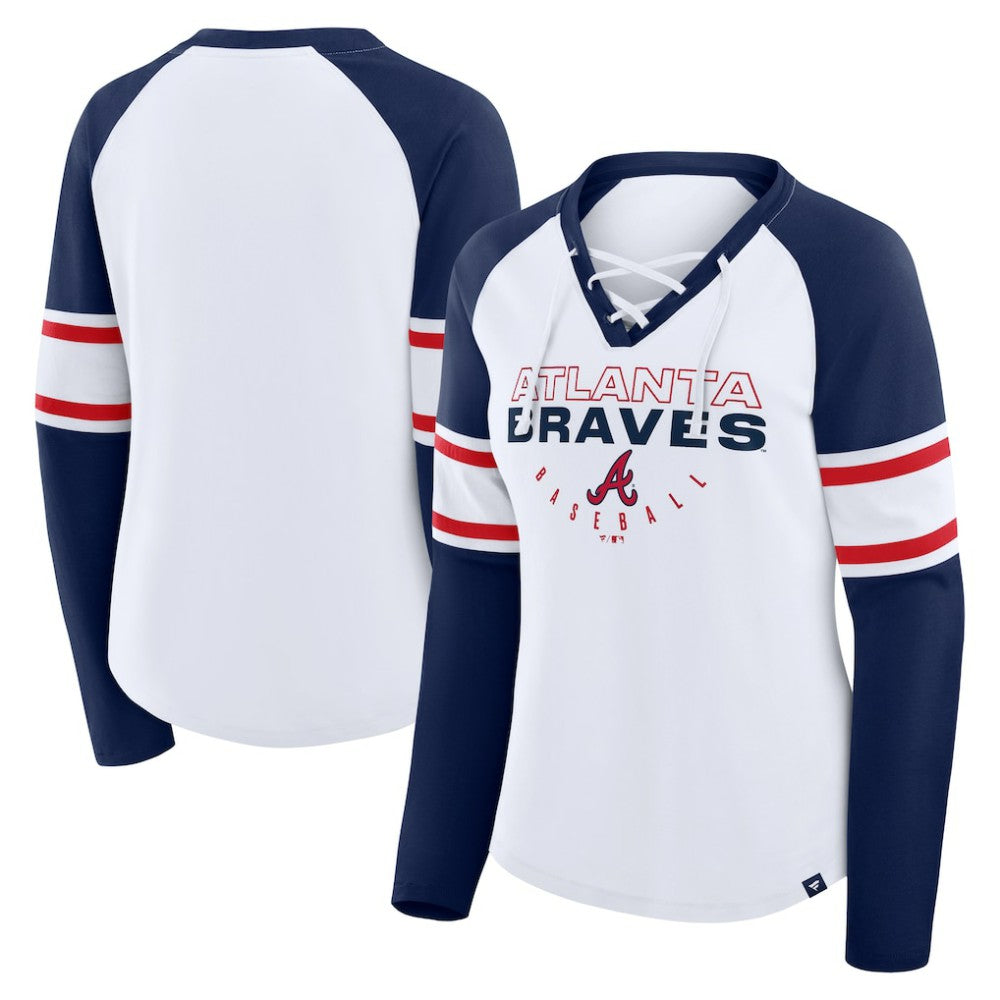 White/Navy Atlanta Braves Fanatics Women's Blitz Package Raglan Lace-Up V-Neck Long Sleeve T-Shirt