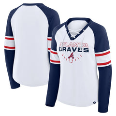 White/Navy Atlanta Braves Fanatics Women's Blitz Package Raglan Lace-Up V-Neck Long Sleeve T-Shirt