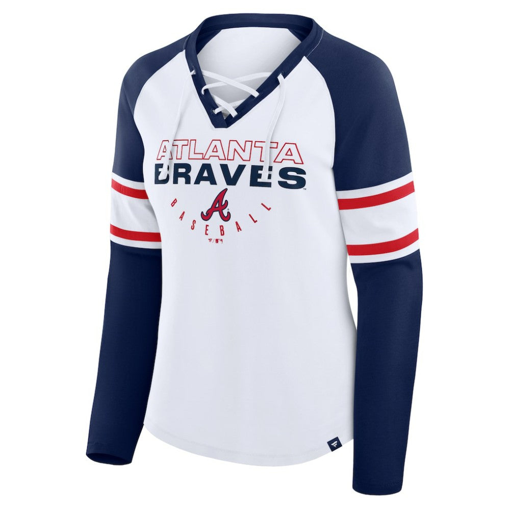 White/Navy Atlanta Braves Fanatics Women's Blitz Package Raglan Lace-Up V-Neck Long Sleeve T-Shirt