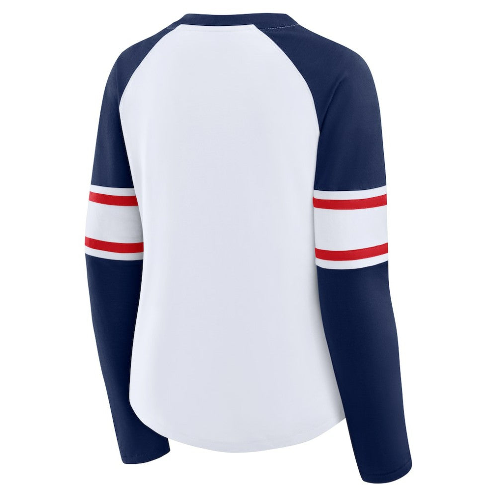 White/Navy Atlanta Braves Fanatics Women's Blitz Package Raglan Lace-Up V-Neck Long Sleeve T-Shirt