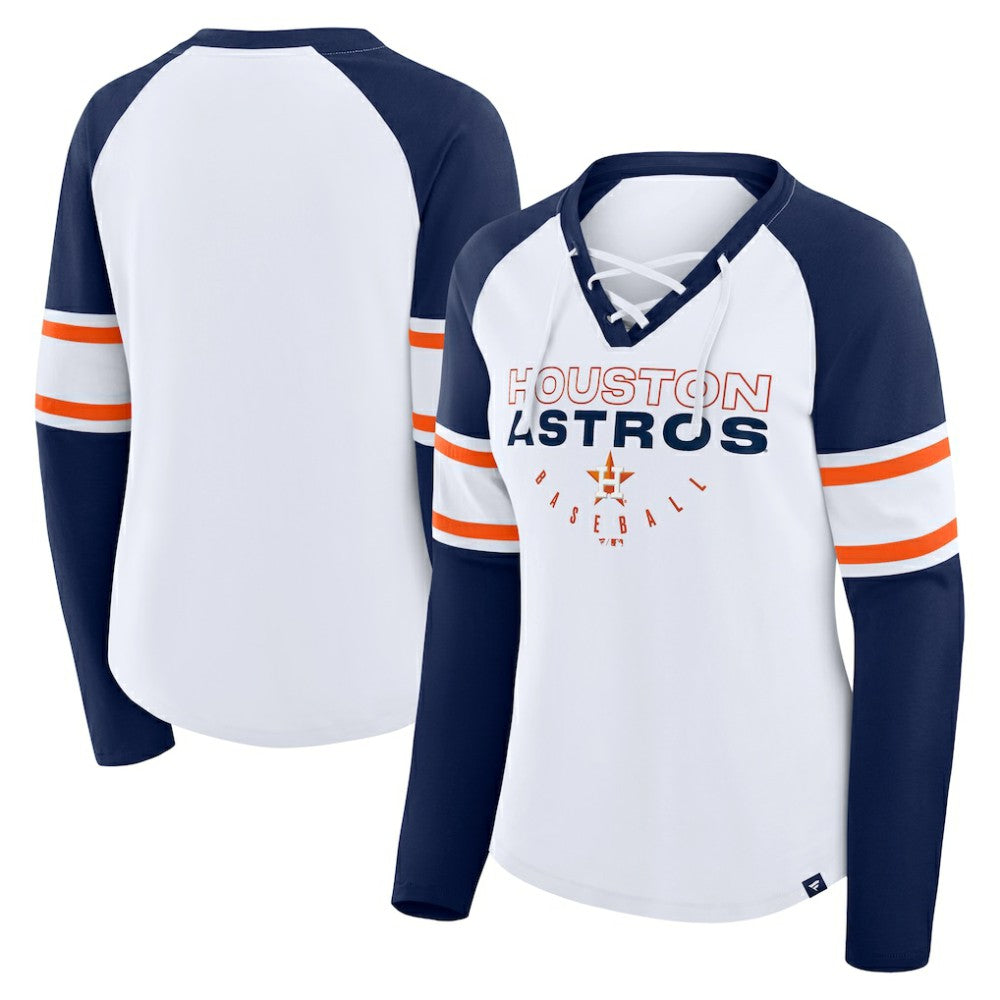 White/Navy Houston Astros Fanatics Women's Blitz Package Raglan Lace-Up V-Neck Long Sleeve T-Shirt