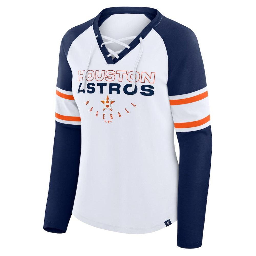 White/Navy Houston Astros Fanatics Women's Blitz Package Raglan Lace-Up V-Neck Long Sleeve T-Shirt