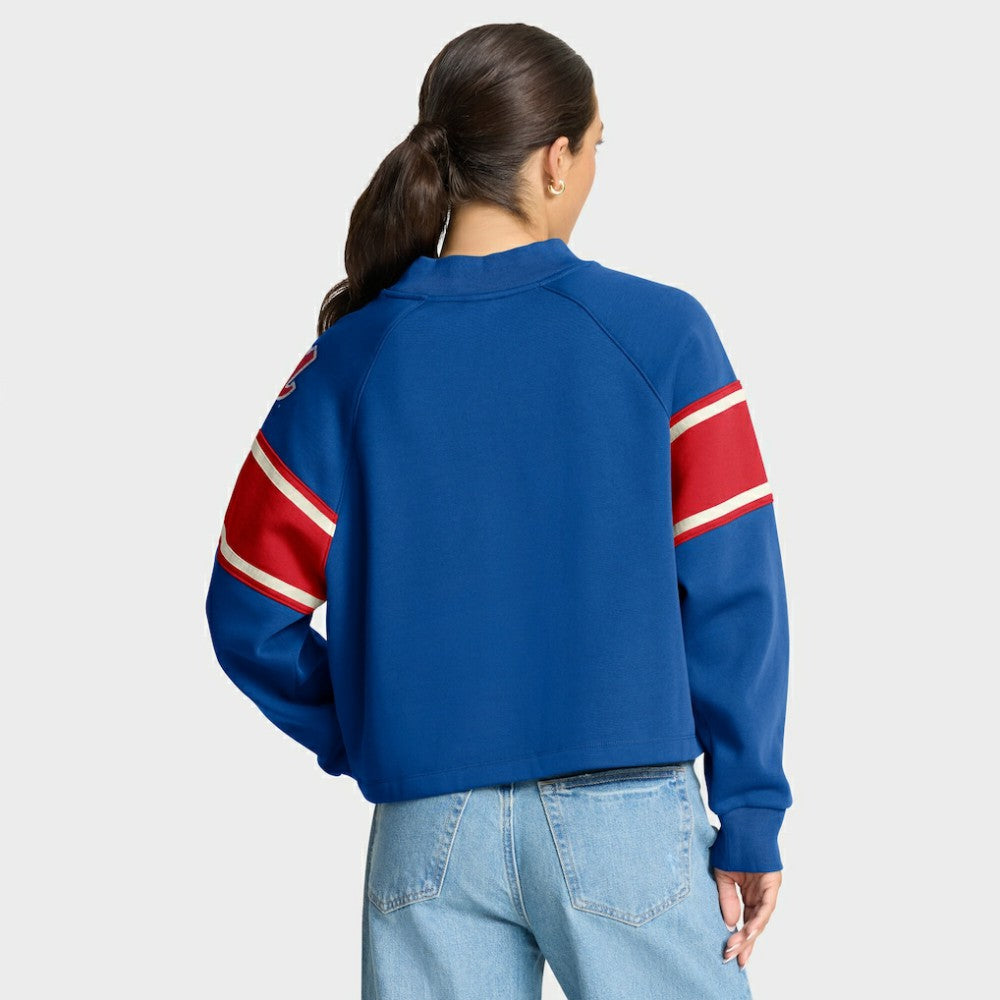 Royal Atlanta Braves Fanatics Women's Oversized Toss Sweep Raglan Pullover Sweatshirt