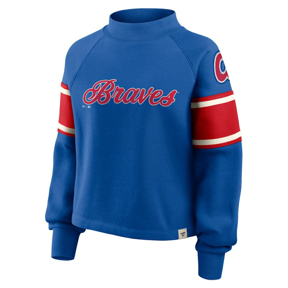 Royal Atlanta Braves Fanatics Women's Oversized Toss Sweep Raglan Pullover Sweatshirt