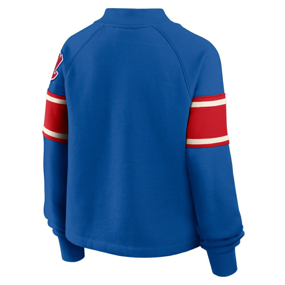 Royal Atlanta Braves Fanatics Women's Oversized Toss Sweep Raglan Pullover Sweatshirt