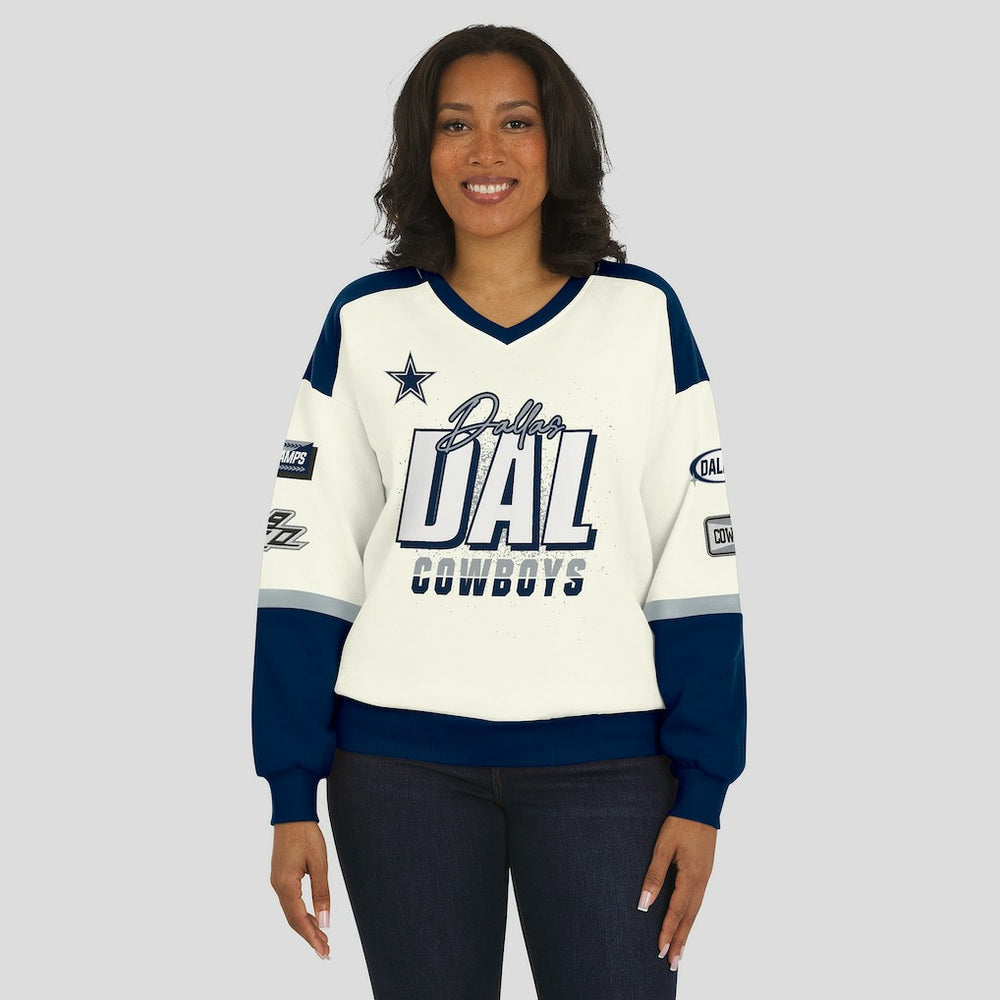WEAR by Erin Andrews Women's Racing Crew V-Neck Sweatshirt - Dallas Cowboys Sweatshirts