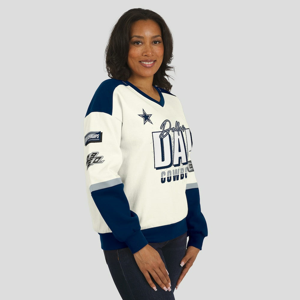 WEAR by Erin Andrews Women's Racing Crew V-Neck Sweatshirt - Dallas Cowboys Sweatshirts