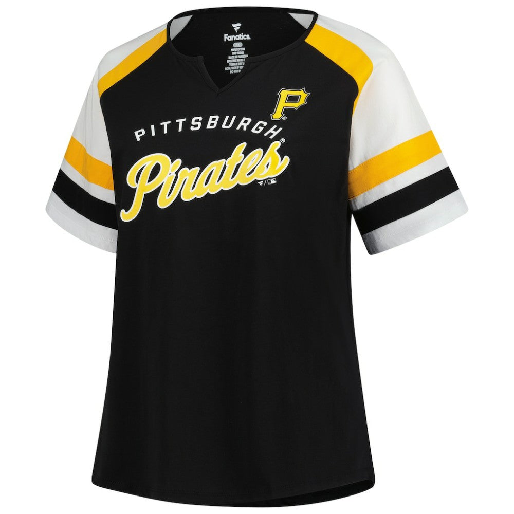 Black Pittsburgh Pirates Profile Women's Plus Sized Arched Notch Neck T-Shirt