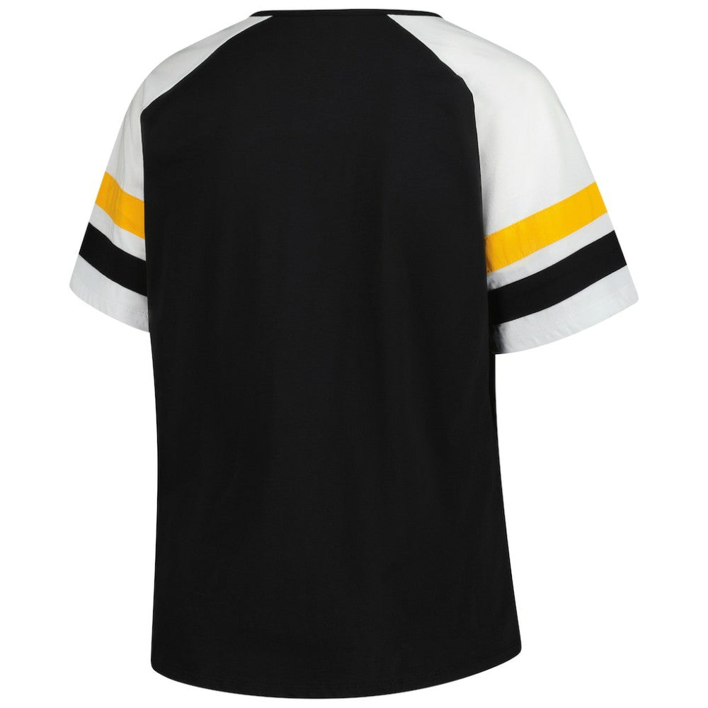 Black Pittsburgh Pirates Profile Women's Plus Sized Arched Notch Neck T-Shirt